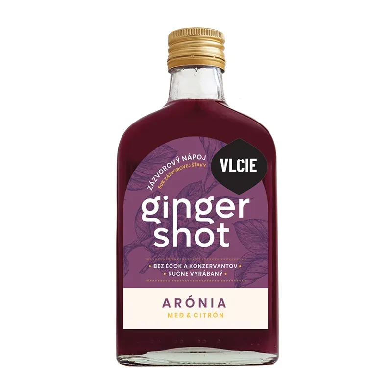 Ginger shot Arónia + Med + Citrón – nápoj zo zázvorovej šťavy s aróniou, fľaša 200 ml